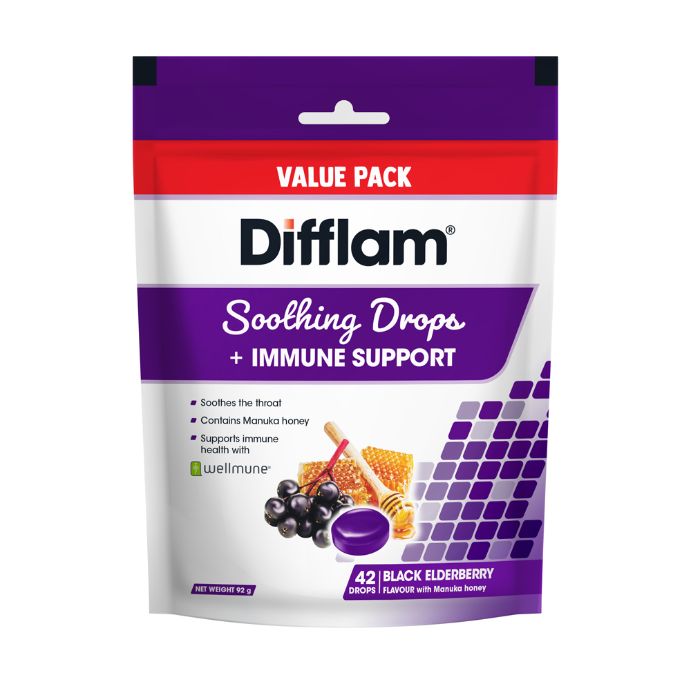 Difflam Soothing Throat Drops + Immune Support Black Elderberry Flavour 42 Pack