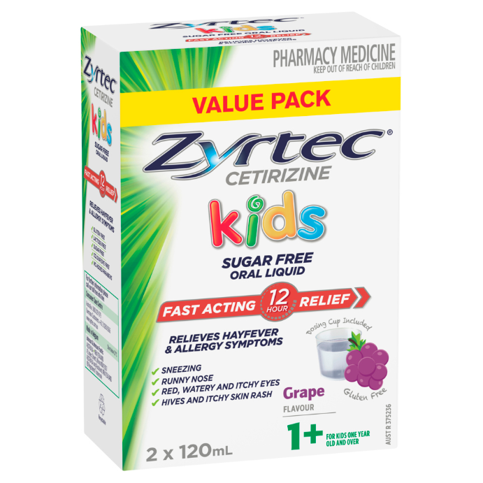 Zyrtec Cetirizine Kids Sugar Free Oral Liquid Grape Flavour 1+ 2 x 120mL Value Pack