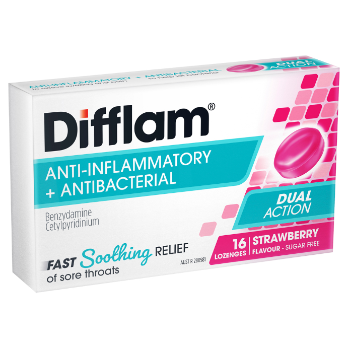 Difflam Sore Throat Lozenges Sugar Free Strawberry 16 Lozenges