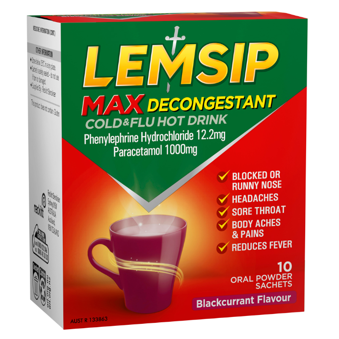Lemsip Max Decongestant Cold & Flu Hot Drink Blackcurrant Flavour 10 Sachets