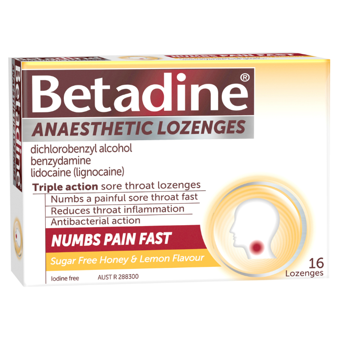 Betadine Anaesthetic + Antibacterial + Anti-Inflammatory Lozenges - Honey & Lemon 16 Loz