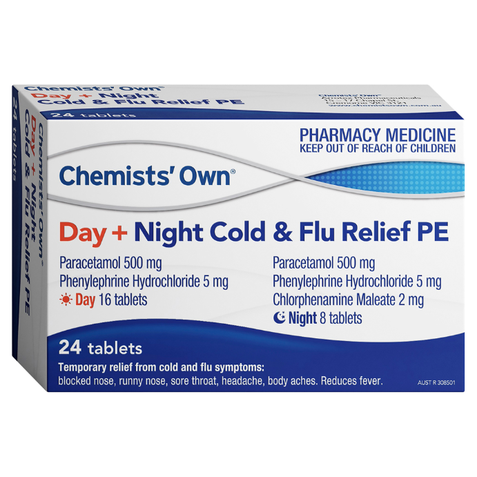 Chemists' Own Day & Night Cold & Flu Relief PE Paracetamol Phenylephrine Hydrochloride 500mg 24 Tablets