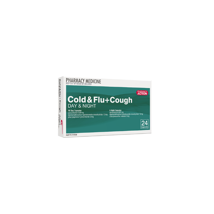 PHARMACY ACTION Cold & Flu + Cough Day & Night 24 Tablets