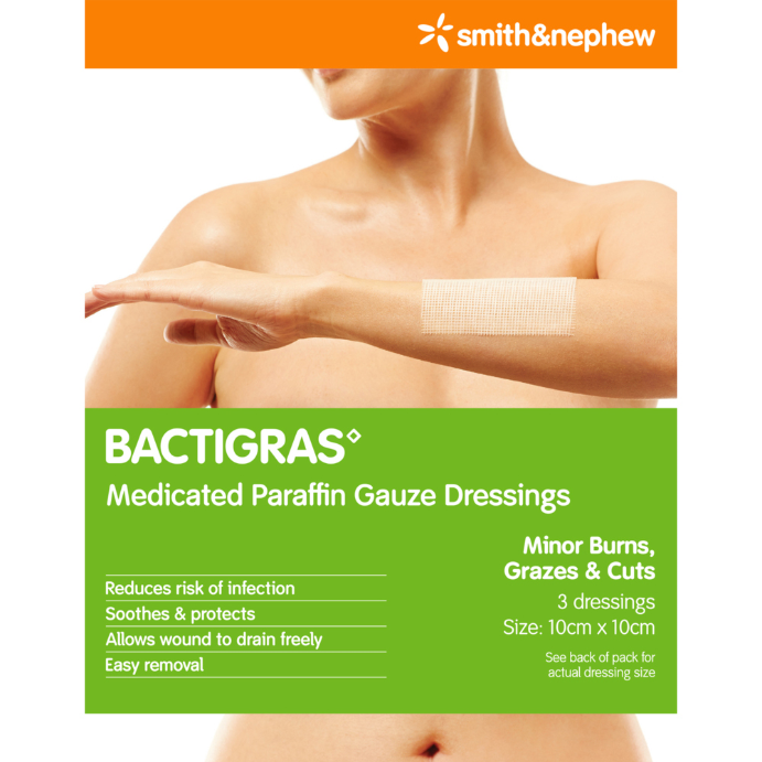 BACTIGRAS Medicated Paraffin Gauze Dressings 10cm x 10cm 3 Pack