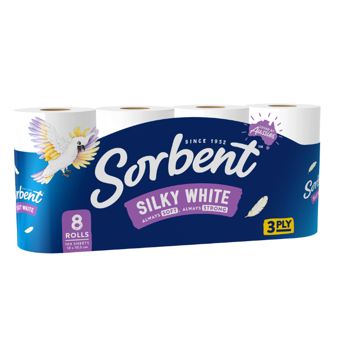 SORBENT 3 PLY Silky White Toilet Tissue 8 Pack
