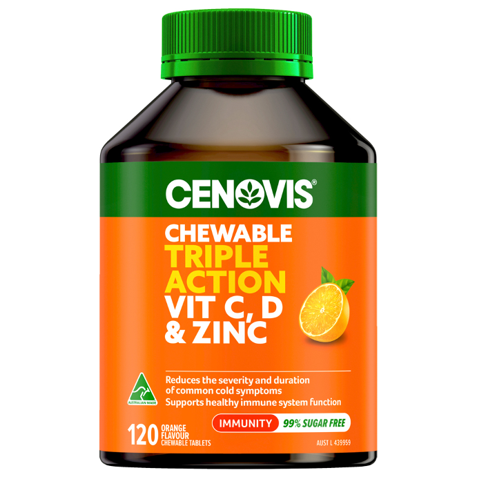 Cenovis Triple Action Vit C, D & Zinc Orange Flavour 120 Chewable Tablets