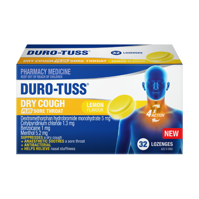 Duro-Tuss Dry Cough PLUS Sore Throat Lemon Flavour 32 Lozenges