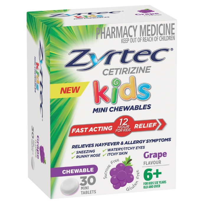 Zyrtec Cetirizine Kids Mini Chewables Grape Flavour 6+ 30 Mini Tablets