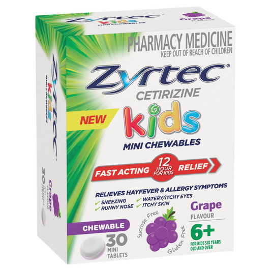 Zyrtec Cetirizine Kids Mini Chewables Grape Flavour 6+ 30 Mini Tablets