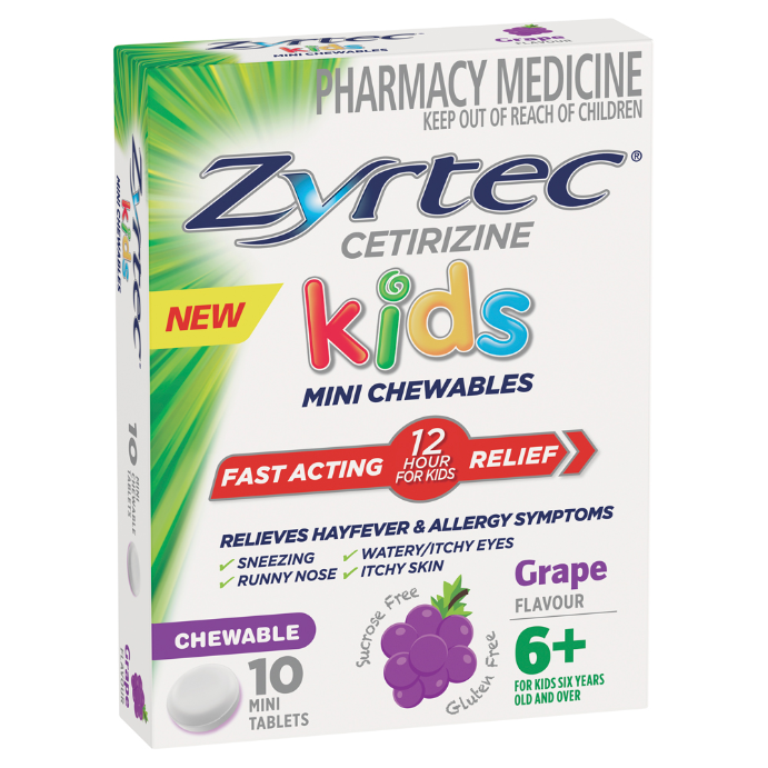 Zyrtec Cetirizine Kids Mini Chewables Grape Flavour 10 Tablets