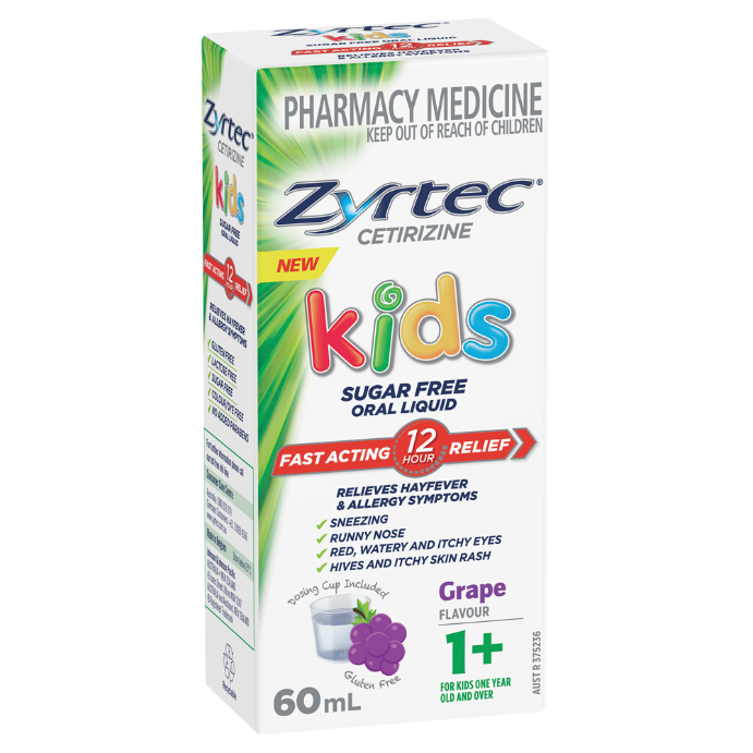 Zyrtec Cetirizine Kids Sugar Free Oral Liquid Grape Flavour 60mL