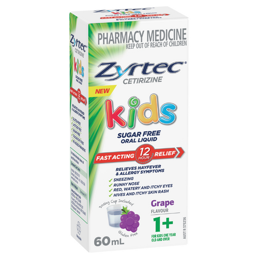 Zyrtec Cetirizine Kids Sugar Free Oral Liquid Grape Flavour 60mL