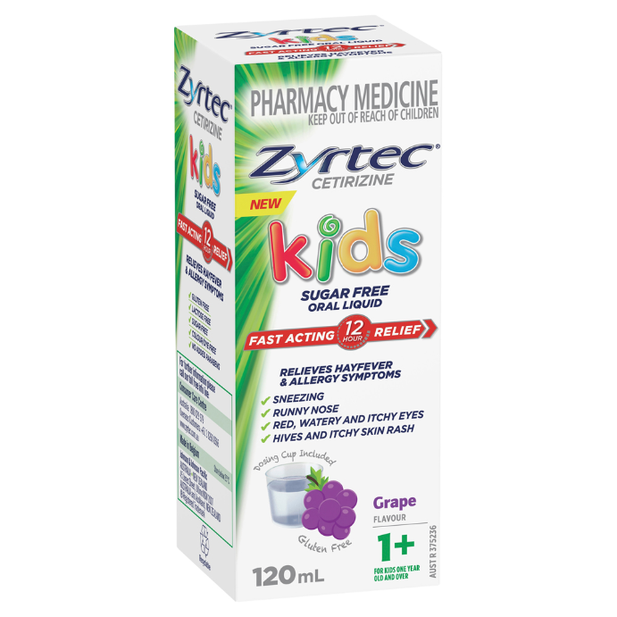 Zyrtec Cetirizine Kids Sugar Free Oral Liquid Grape Flavour 1+ 120mL