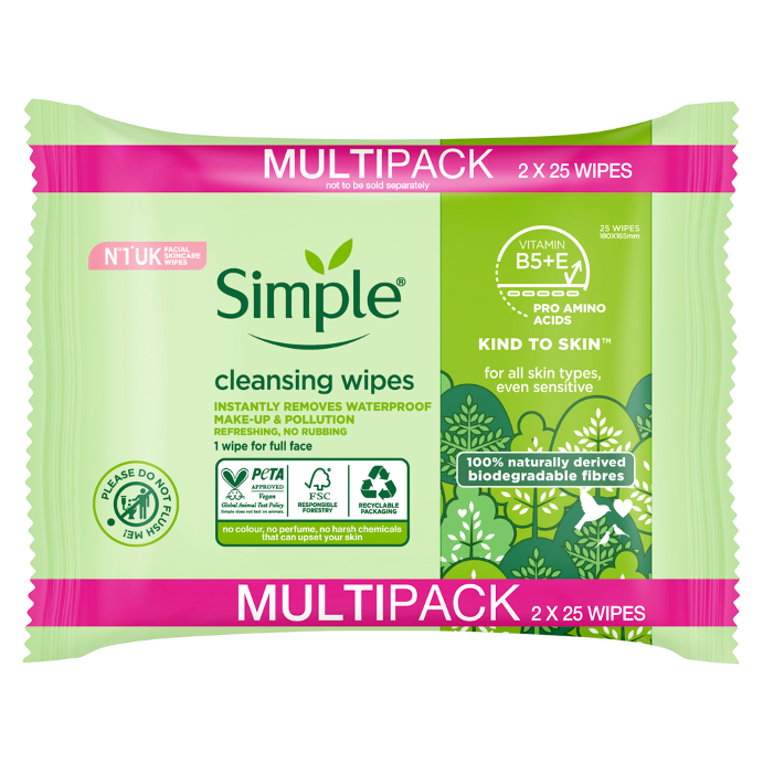 Simple Biodegradable Facial Wipes 2 x 25 Wipes