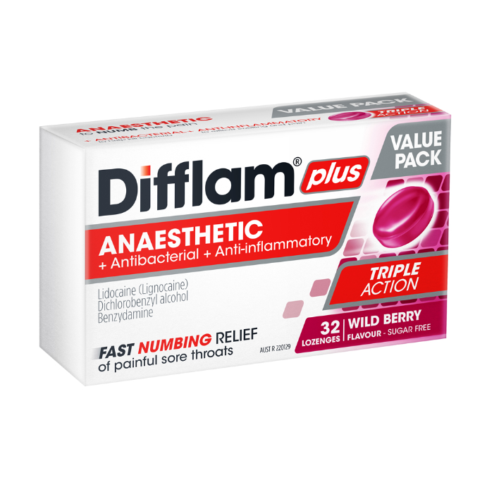 Difflam Plus Anaesthetic + Antibacterial + Anti-Inflammatory Wild Berry 32 Lozenges