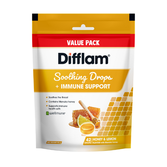 Difflam Soothing Throat Drops + Immune Support Honey & Lemon Flavour 42 Pack