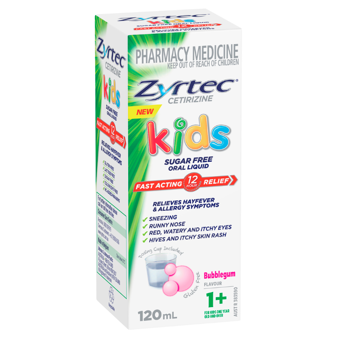 Zyrtec Cetirizine Kids Sugar Free Oral Liquid Bubblegum Flavour 1+ 120mL