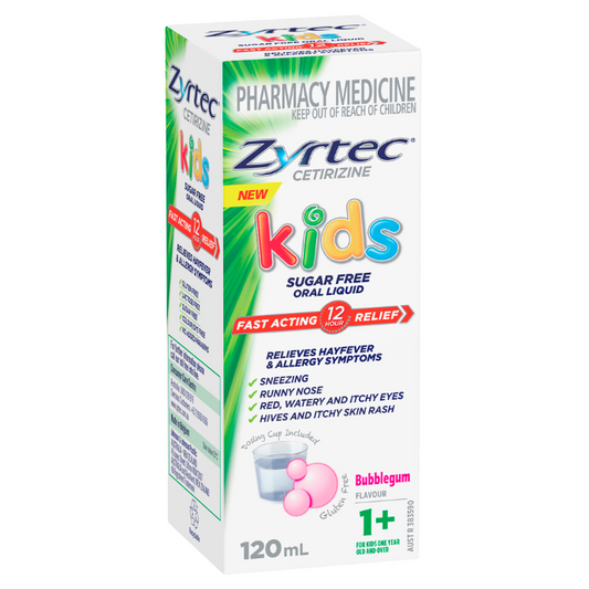 Zyrtec Cetirizine Kids Sugar Free Oral Liquid Bubblegum Flavour 1+ 120mL
