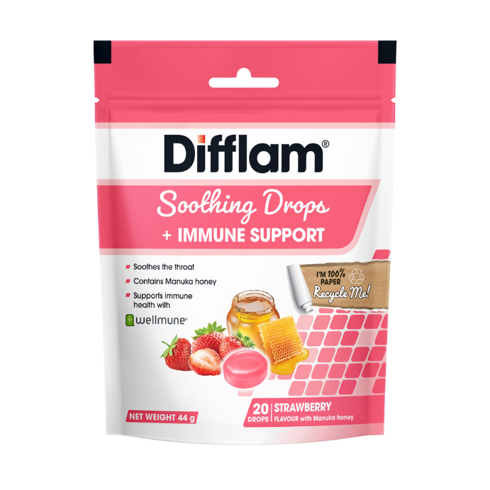 Difflam Soothing Drops + Immune Support Strawberry Flavour 20 Pack