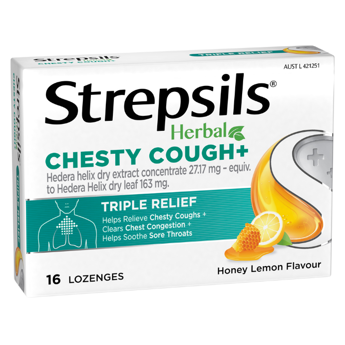 Strepsils Herbal Chesty Cough+ Triple Relief Honey Lemon Flavour 16 Lozenges