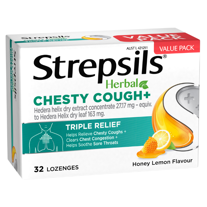 Strepsils Herbal Chesty Cough+ Honey Lemon 32 Lozenges