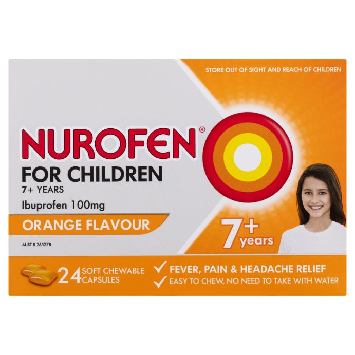 Nurofen For Children Ibuprofen 100mg 7+ Years Orange Flavour 24 Chewable Capsules