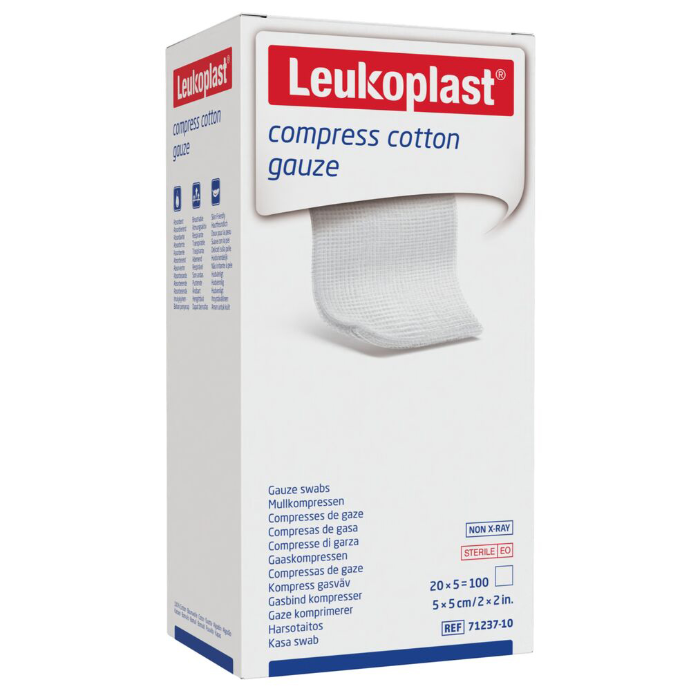 LEUKO Compress Cotton Gauze 5 x 5cm STERILE 12ply White 5 x 20 Pack