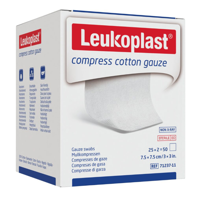 LEUKO Compress Cotton Gauze 7.5 x 7.5cm STERILE 2 x 25 Pack