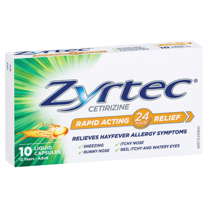 Zyrtec Cetirizine Rapid Acting 24 Hour Relief 10 Liquid Capsules
