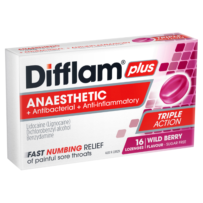 Difflam Plus Anaesthetic Sore Throat Lozenges Berry Flavour 16 Lozenges