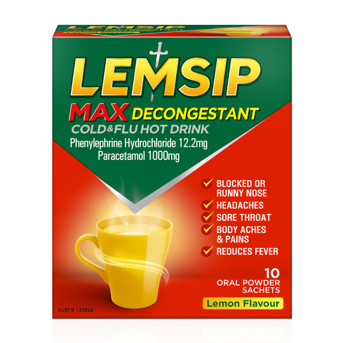 Lemsip Max Decongestant Cold & Flu Hot Drink Lemon Flavour 10 Sachets