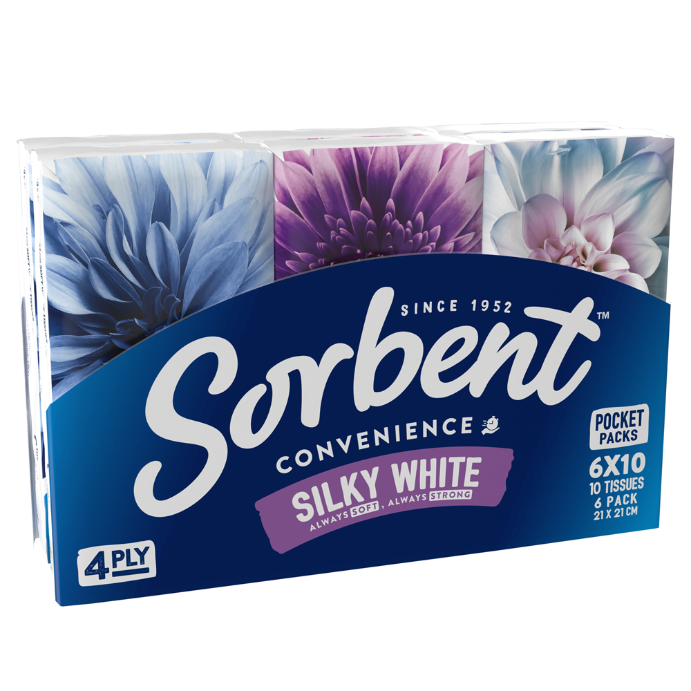 SORBENT Silky White Facial Tissues 6 x 10 Pack