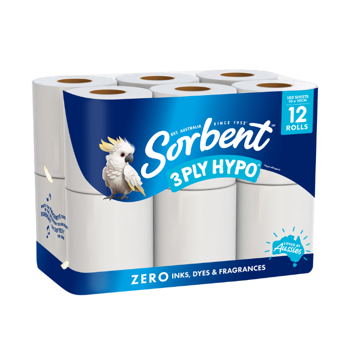 SORBENT 3 PLY Hypo-Allergenic Toilet Tissue Rolls 12 Pack