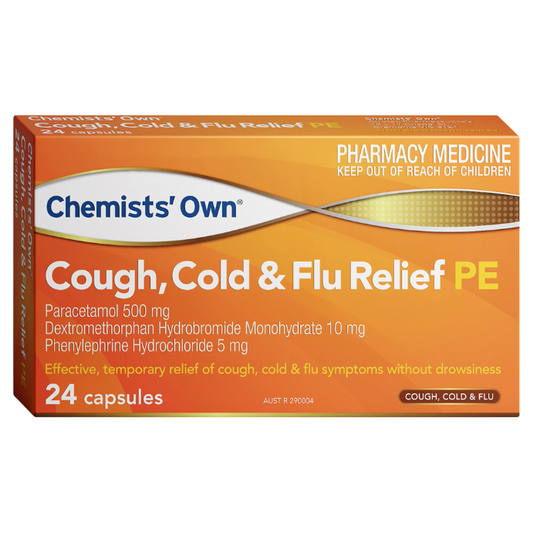 Chemists' Own Cough Cold & Flu Relief PE Paracetamol Dextromethorphan Phenylephrine 24 Capsules