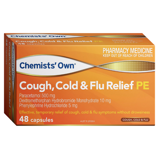 Chemists' Own Cough, Cold & Flu Relief PE Paracetamol Dextromethorphan Phenylephrine 48 Capsules
