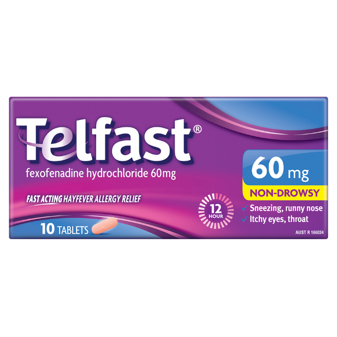 TELFAST Hayfever Allergy Relief 60mg Antihistamine Tablets Non-Drowsy 10 Tablets