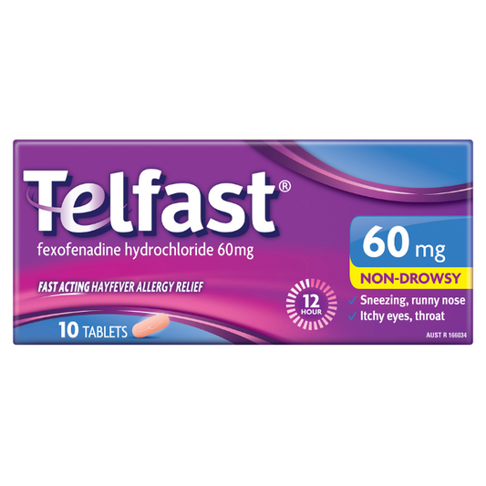 TELFAST Hayfever Allergy Relief 60mg Antihistamine Tablets Non-Drowsy 10 Tablets
