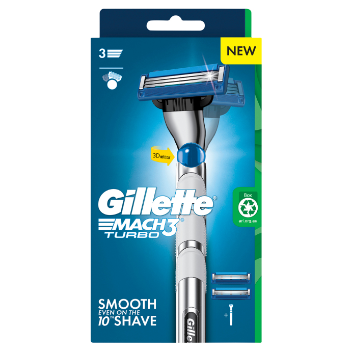 Gillette Mach3 Turbo Razor 1 Handle + 2 Cartridges 3 Piece Set