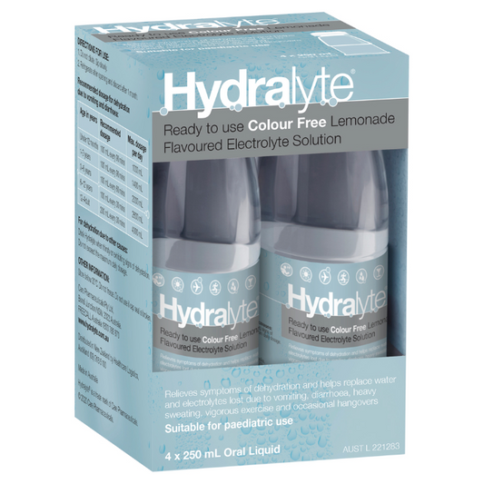 Hydralyte Ready to use Colour Free Lemonade Flavoured Electrolyte Solution 4 Pack