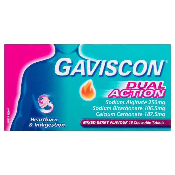 Gaviscon Dual Action Heartburn and Indigestion Mixed Berry Flavour 16 Tablets