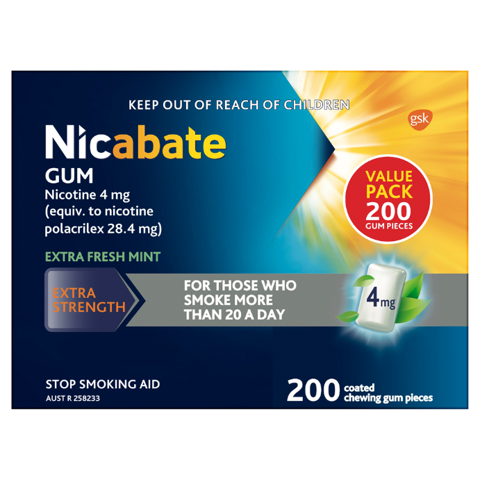 Nicabate Gum Nicotine 4mg Extra Strength Extra Fresh Mint 200 Pack