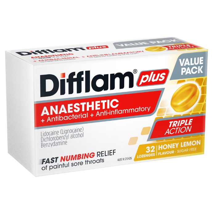 Difflam Plus Anaesthetic Sore Throat Lozenges Honey & Lemon Flavour 32 Lozenges