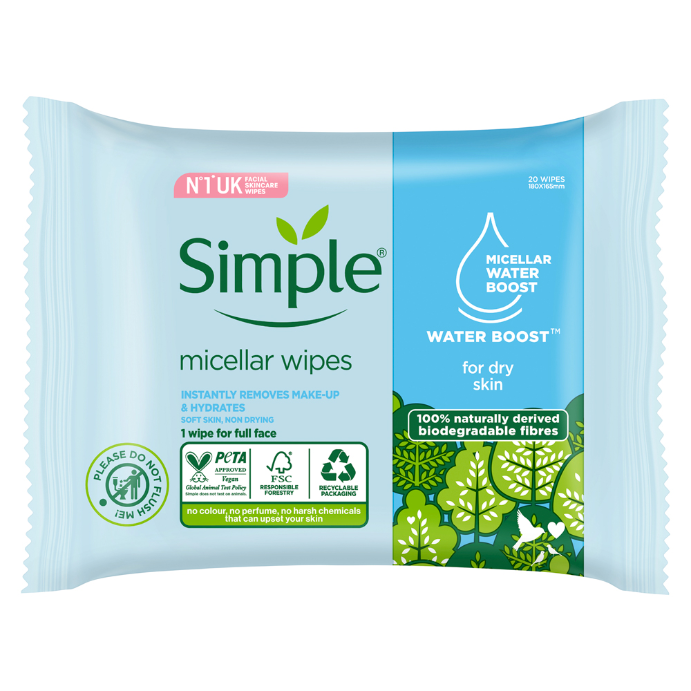 Simple Kind To Skin Micellar Biodegradable Facial Wipes 20 Wipes