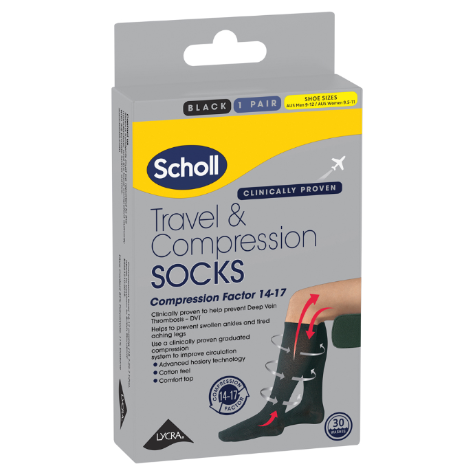 Scholl Travel & Compression Socks Black Size M9-12 W9.5-11 1 Pair