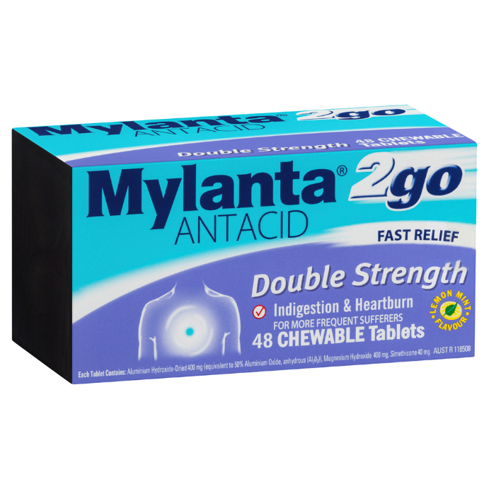 Mylanta 2Go Antacid Double Strength Lemon Mint Flavour 48 Tablets