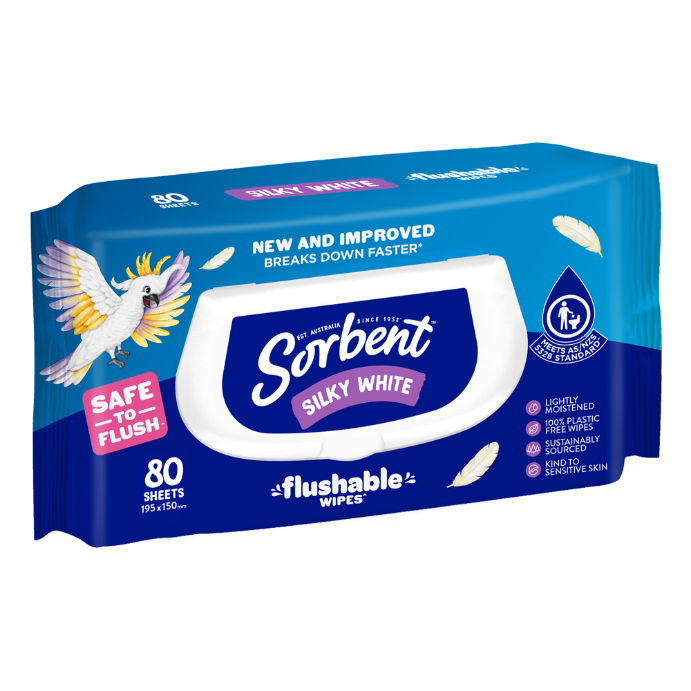 SORBENT Silky White Flushable Wipes 80 Pack
