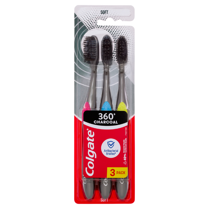 Colgate 360 Charcoal Antibacterial Soft Spiral Toothbrush 3 Pack