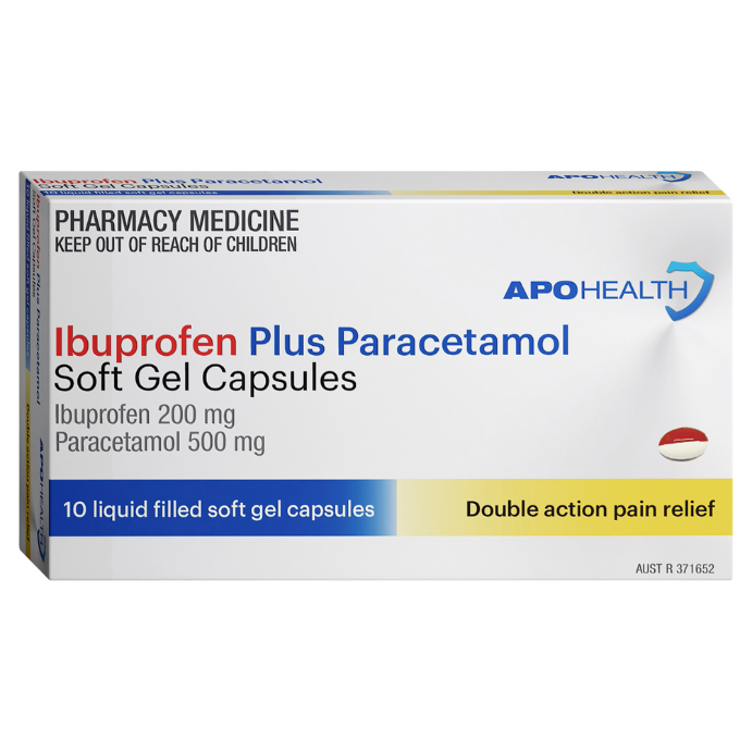 APO HEALTH Ibuprofen 200mg Plus Paracetamol 500mg Blister Pack Soft Gel 10 Capsules