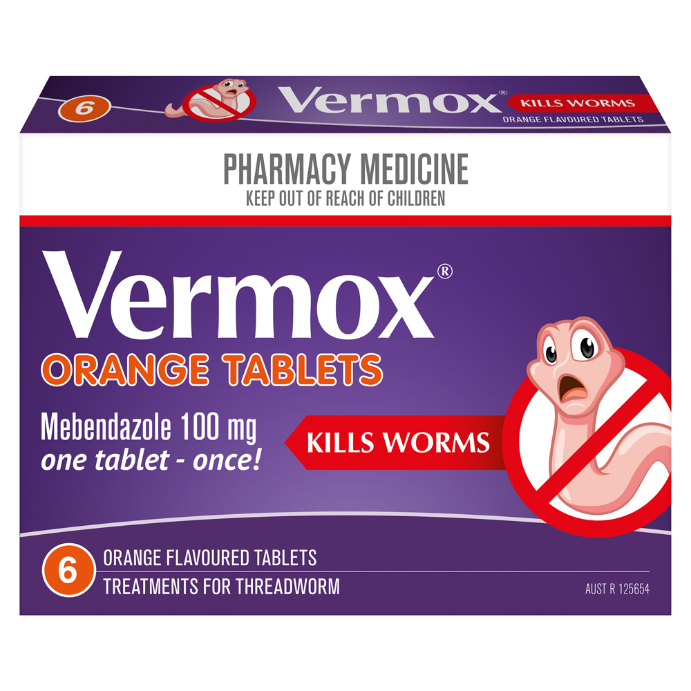 Vermox Mebendazole 100mg Orange Flavoured 6 Tablets