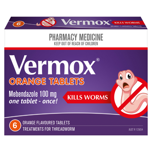 Vermox Mebendazole 100mg Orange Flavoured 6 Tablets